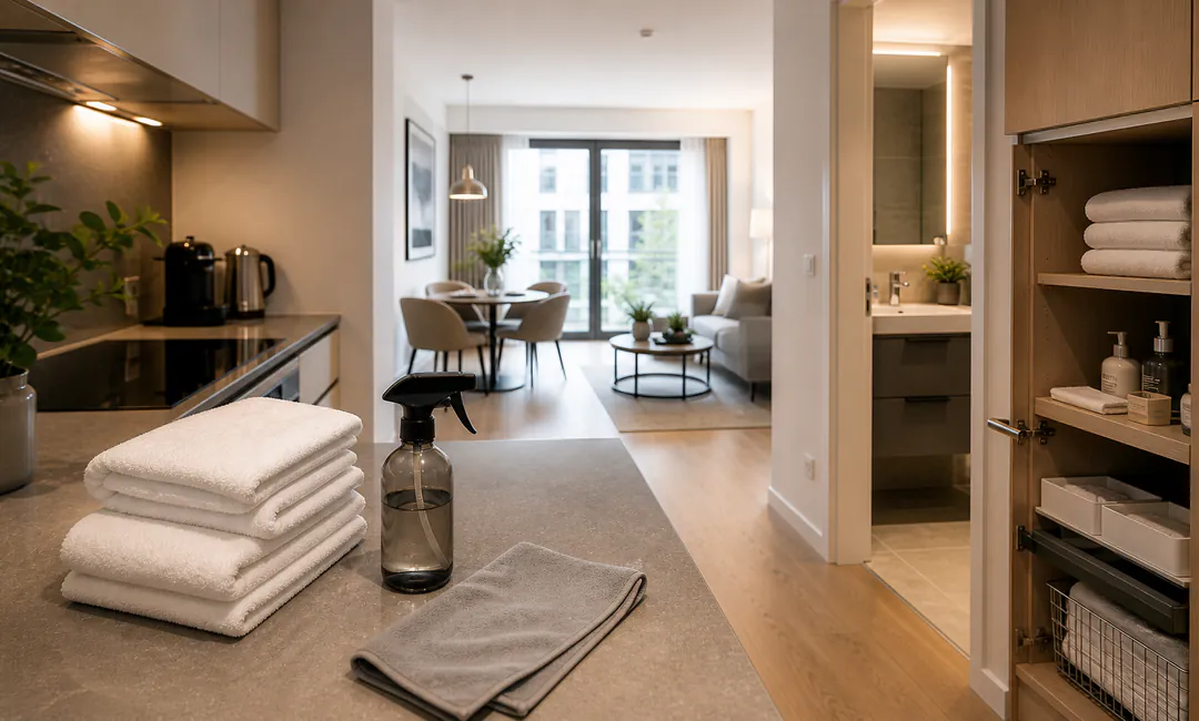 Zwischenreinigung in einem Serviced Apartment mit frischer Wäsche und Materialcheck