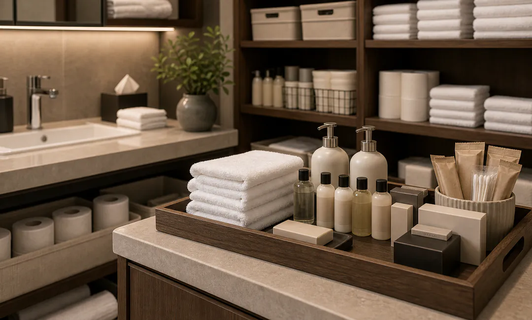 Verbrauchsmaterialien und Amenities für Serviced Apartment Reinigung sortiert