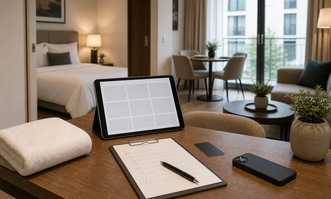 Foto-Status und Mängelnotiz für Betreiber Tablet und Checkliste für Foto-Status und dokumentierte Apartment-Übergabe
