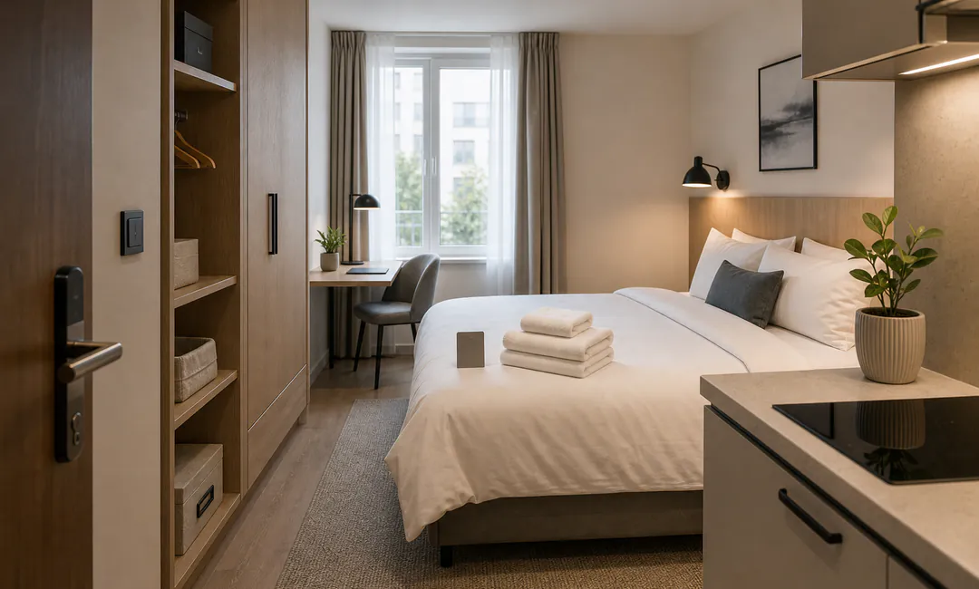 Boardinghouse Reinigung und Longstay-Pflege Boardinghouse-Zimmer mit Küchenbereich für Longstay-Reinigung vorbereitet