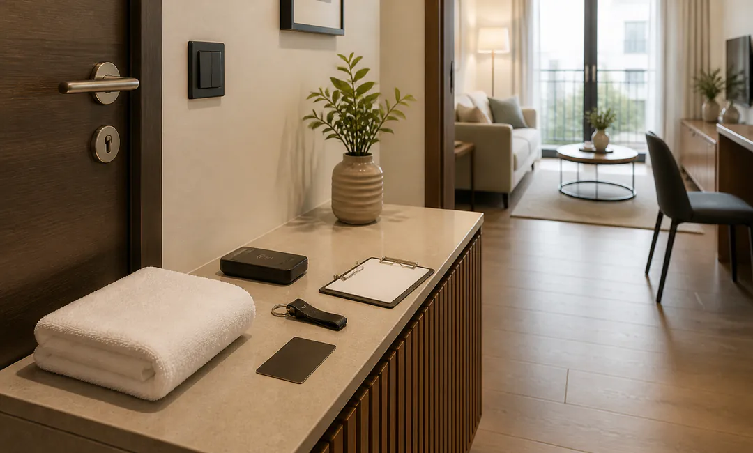 Schlüssel, Keycard und Checkliste für Zugangsklärung im Apartment-Turnover