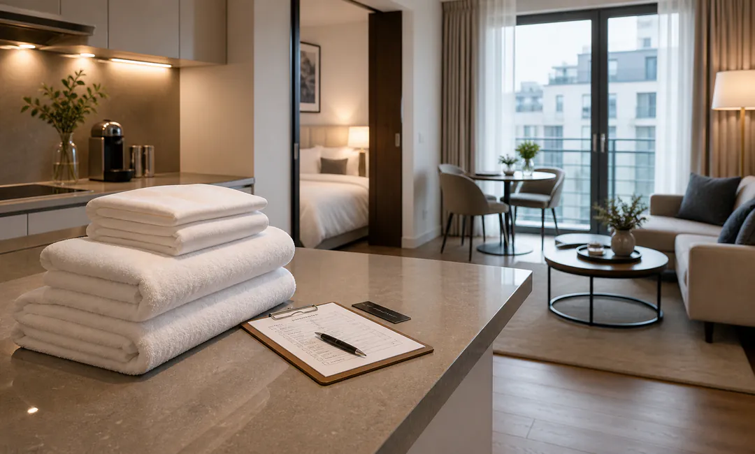 Serviced Apartment Turnover mit frischen Handtüchern, Checkliste und Keycard