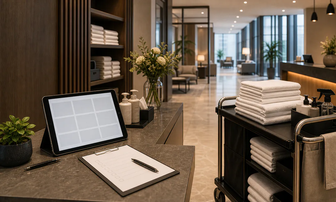 Hotelservice für professionelle Betreiber Betreiber-Übersicht mit Tablet, Wäschewagen und Hotelservice-Checkliste