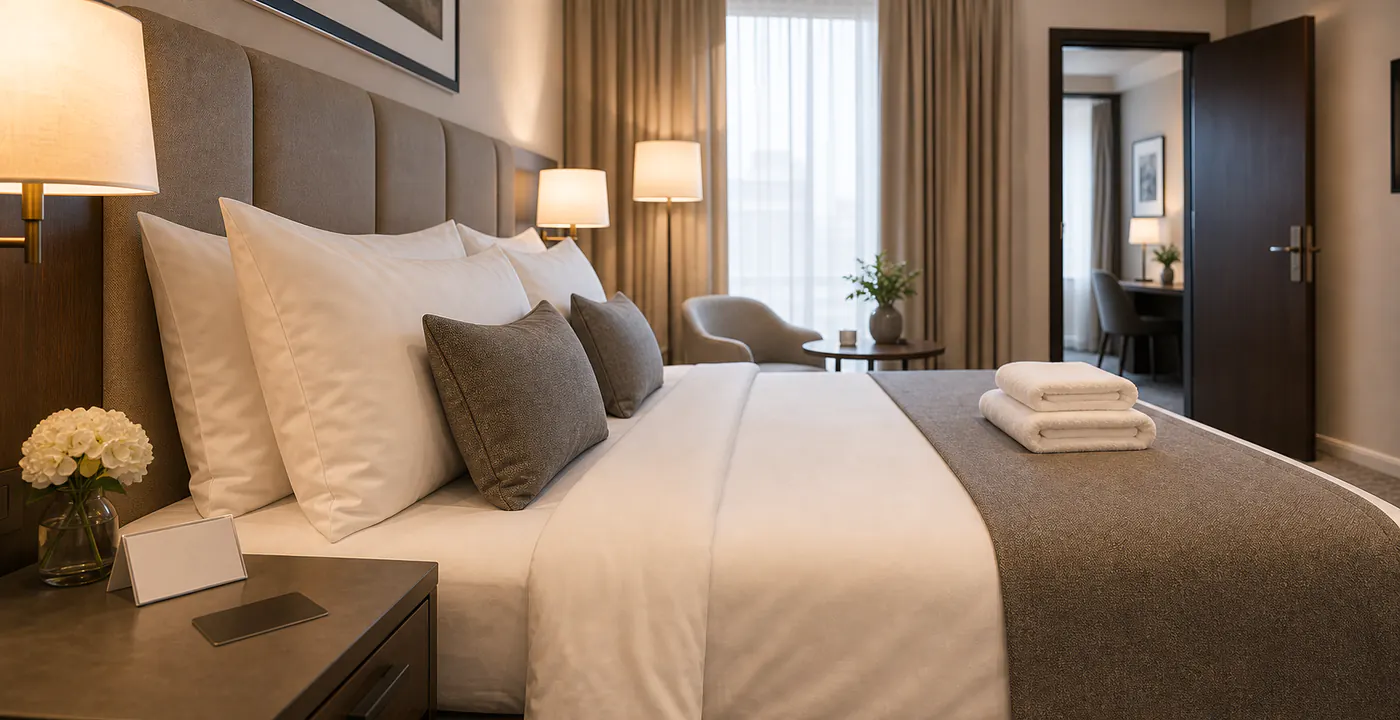 Frisch vorbereitetes Hotelbett für strukturierte Housekeeping-Abläufe