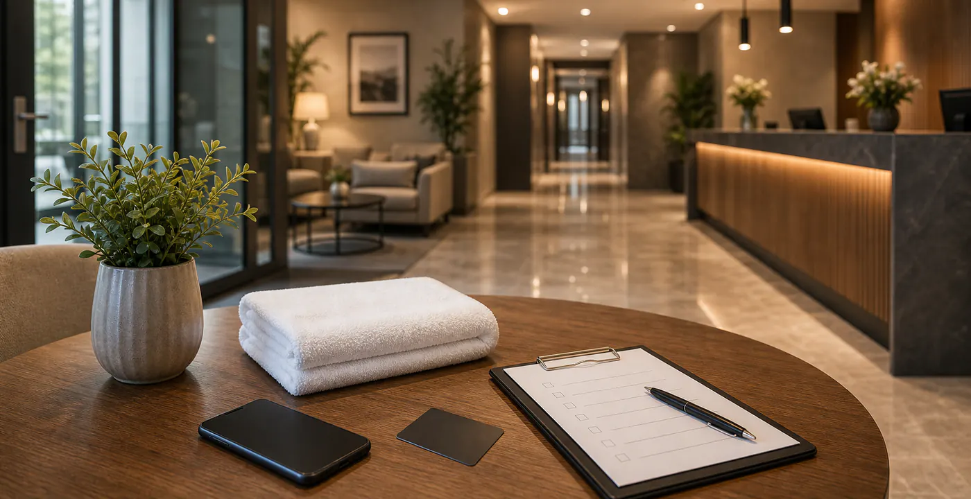 B2B Objektanfrage Hotel Service Köln Kontaktanfrage für Hotelservice in Köln mit Checkliste, Keycard und Telefon