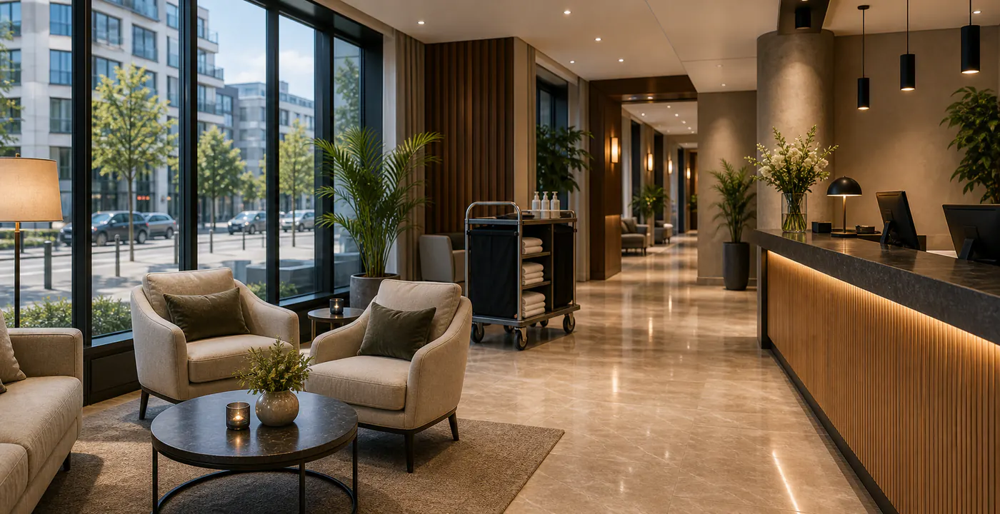 Hotelservice in Köln und Umgebung mit Lobby, Servicewagen und Stadtbezug