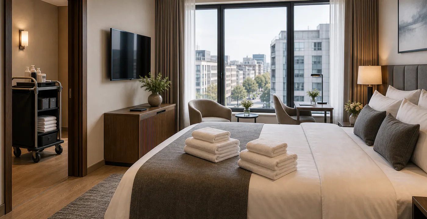 Housekeeping Köln und nahe Umgebung Housekeeping in Köln mit vorbereitetem Hotelzimmer und Blick in die Stadt
