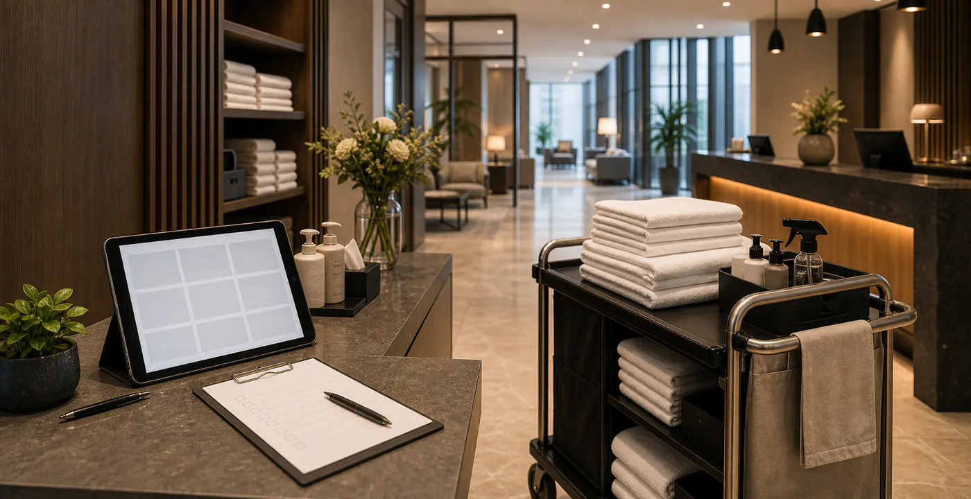 Hotel Support Köln und Umgebung Hotel Support in Köln mit Tablet, Checkliste und organisiertem Wäschewagen