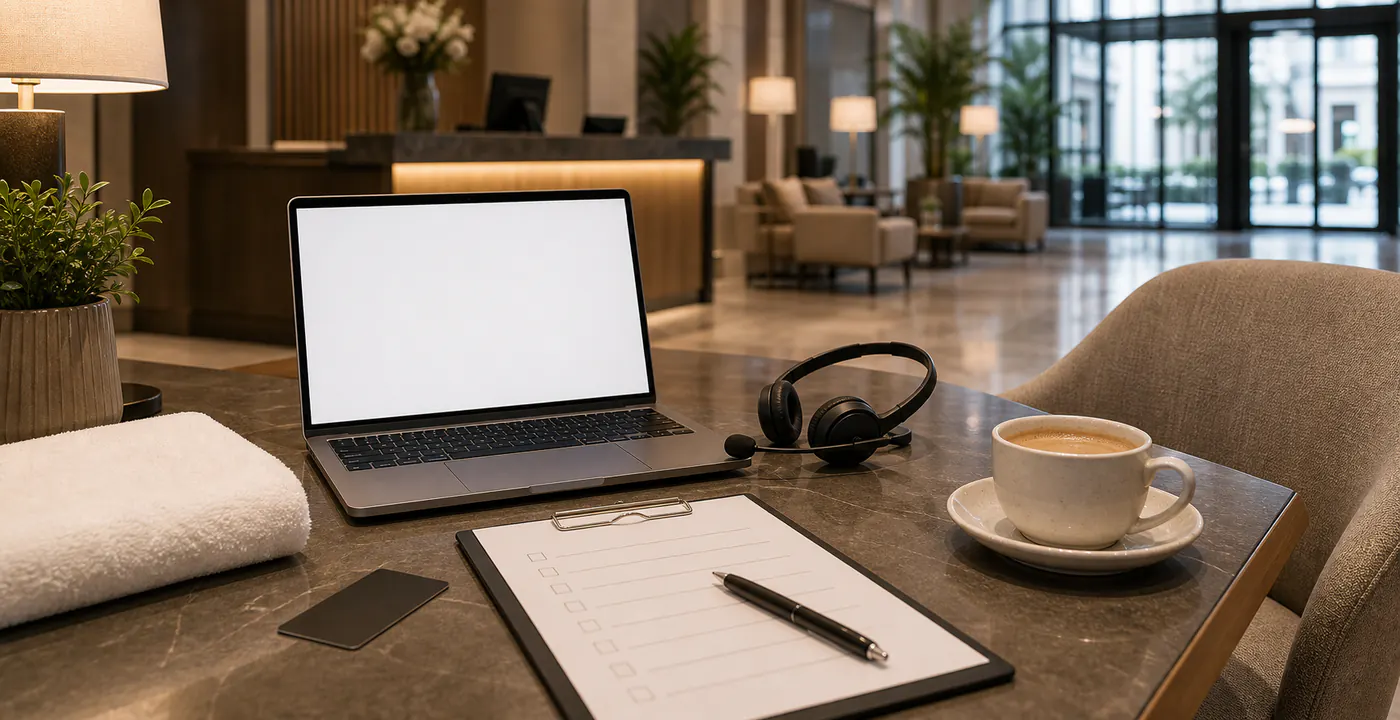 Beratung und Kontaktaufnahme für Hotelservice mit Laptop, Headset und Objektformular
