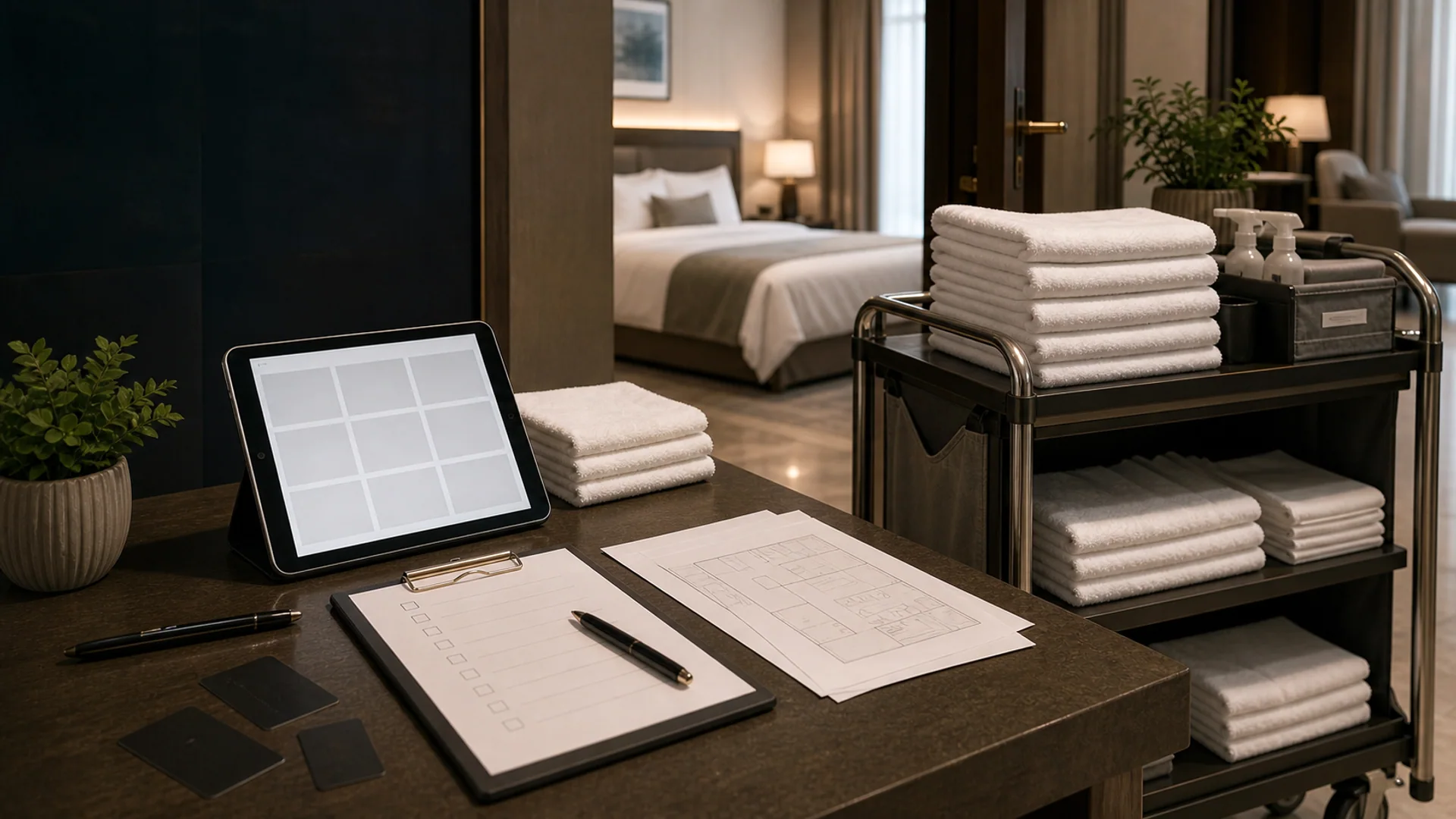 Hotelservice-Ablauf mit Zimmerstatus auf Tablet, Checkliste, Raumplan und Wäschewagen