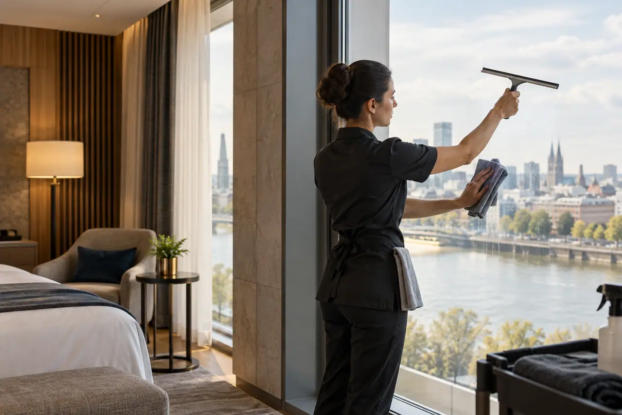 Fensterreinigung für Hotels in Köln Professionelle Fensterreinigung in einem Kölner Hotelzimmer mit Abzieher und Mikrofasertuch