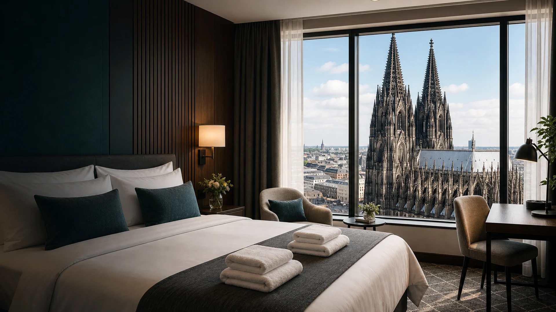 Vorbereitetes Hotelzimmer in Köln mit sauberem Bett und Blick auf den Kölner Dom