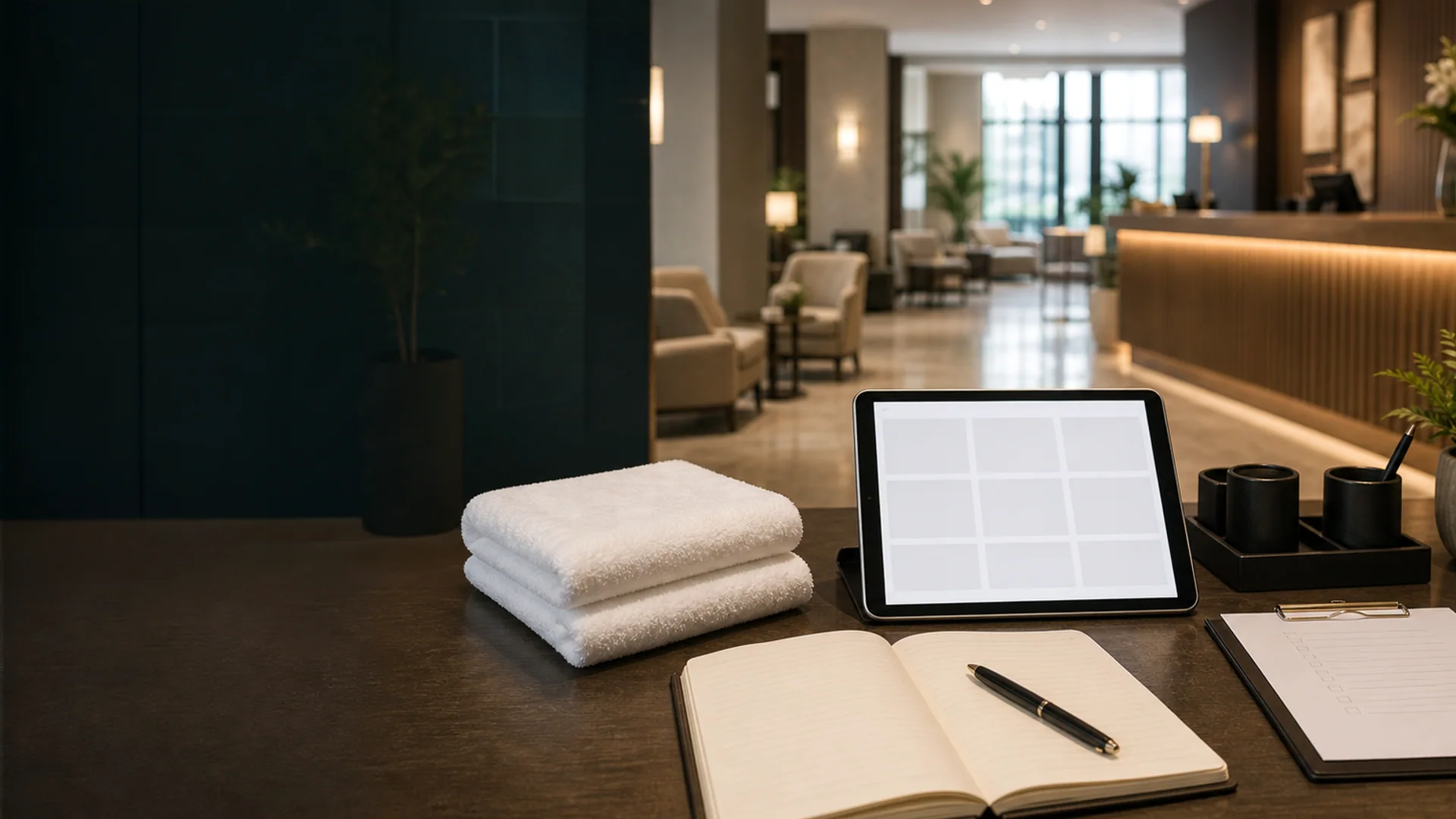 Objektabhängige Preisplanung für Hotelreinigung mit Tablet, Checkliste und frischer Wäsche in einer Hotellobby