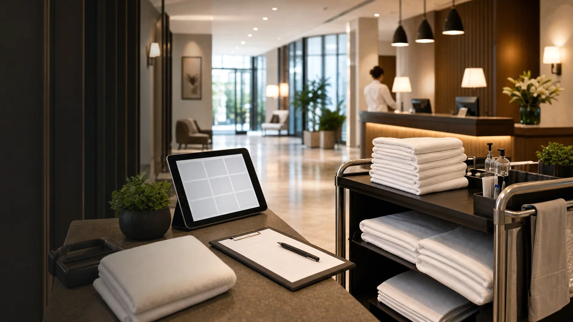 Persönlich koordinierter Hotelservice mit Wäschewagen, Tablet und Empfangsbereich