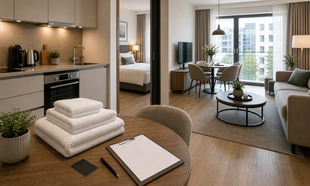 Guest-ready Serviced Apartment mit frischer Wäsche und Checkliste nach Turnover