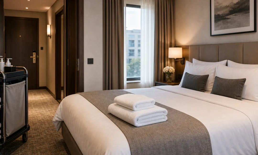Frisch vorbereitetes Hotelzimmer für Housekeeping und Zimmerreinigung in Köln