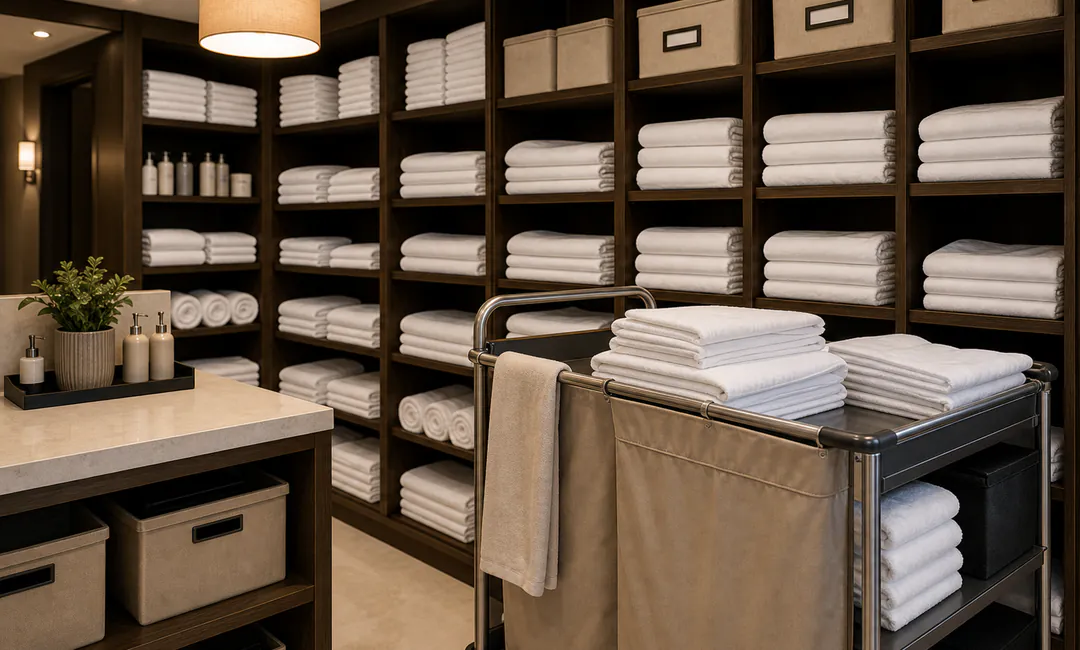 Organisierte Hotelwäsche und Etagenwagen für Wäschehandling im Hotelservice