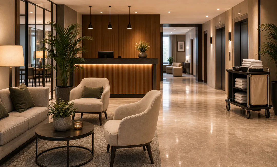 Gepflegte Hotellobby als Public-Area-Reinigung für einen ruhigen ersten Eindruck