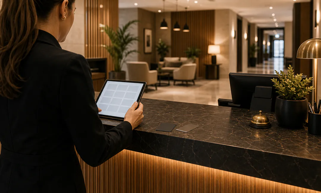 Rezeption und Guest-Service Support Köln Rezeption und Guest-Service Support mit Tablet im professionellen Hotelbetrieb