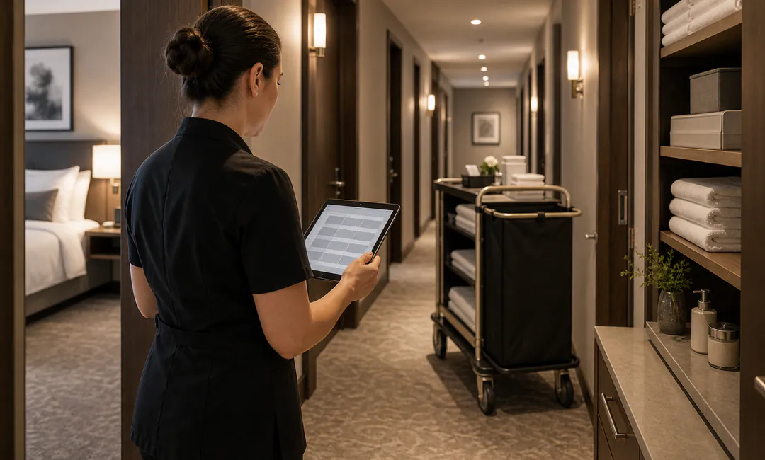 Supervisor Checks und Qualitätskontrolle Supervisorin prüft Zimmerstatus und Housekeeping-Ablauf im Hotel