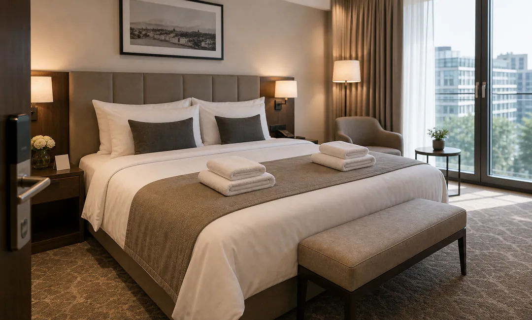 Zimmerreinigung für Anreisezimmer Hotelzimmer vor Anreise mit frischer Bettwäsche und sauberen Übergabedetails