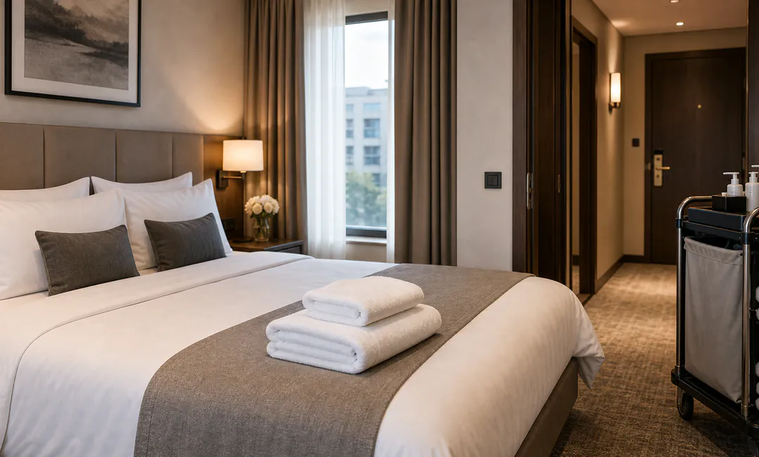 Sauber gemachtes Hotelbett als Teil professioneller Zimmerreinigung