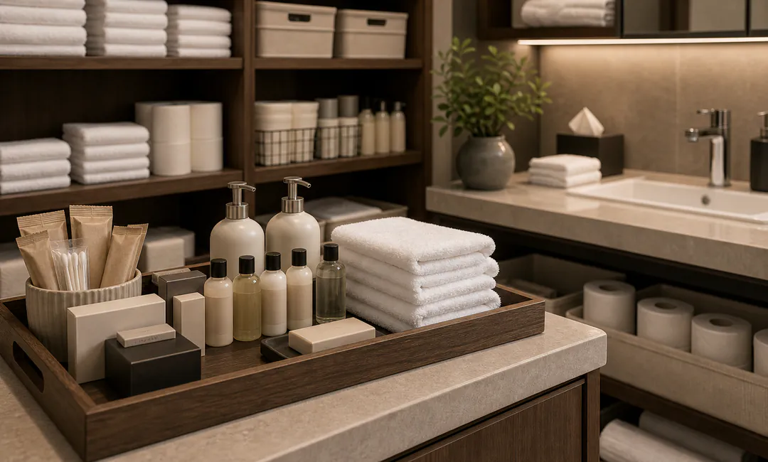 Verbrauchsmaterial und Amenities im Hotelservice Hotel-Amenities und Verbrauchsmaterialien ordentlich für Housekeeping vorbereitet