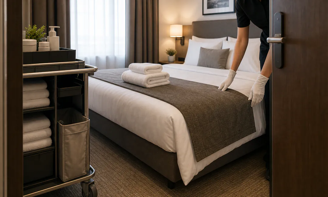 Stayover-Reinigung im Hotel Diskrete Stayover-Reinigung im Hotelzimmer mit frischer Wäsche