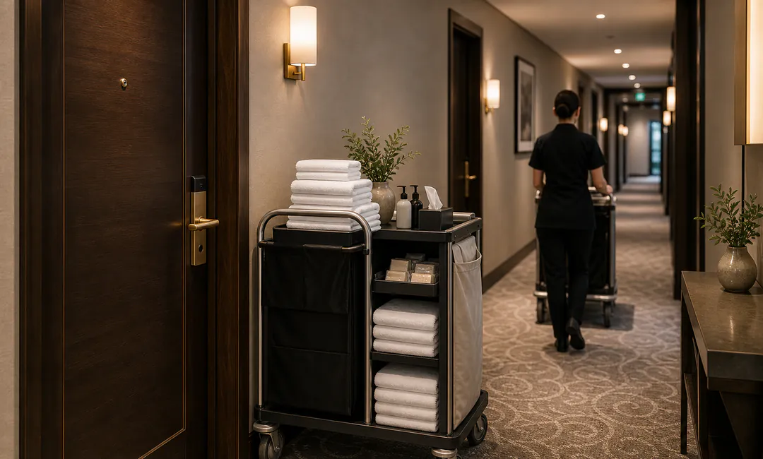 Diskretes Housekeeping im Hotelflur mit organisiertem Etagenwagen