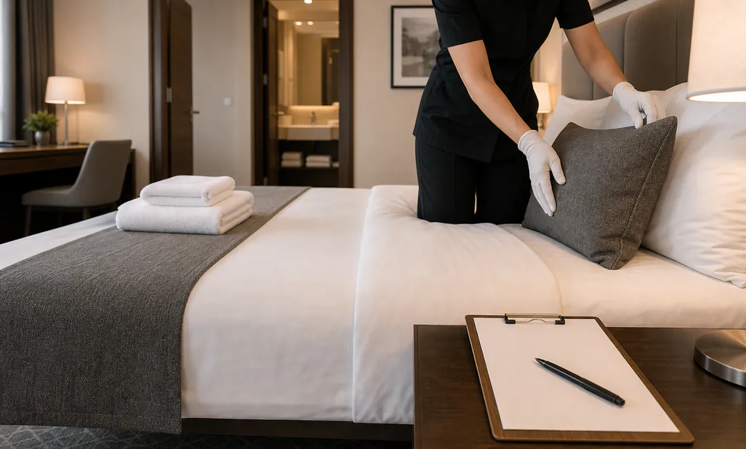 Qualitätskontrolle im Hotelzimmer vor Übergabe an den nächsten Gast