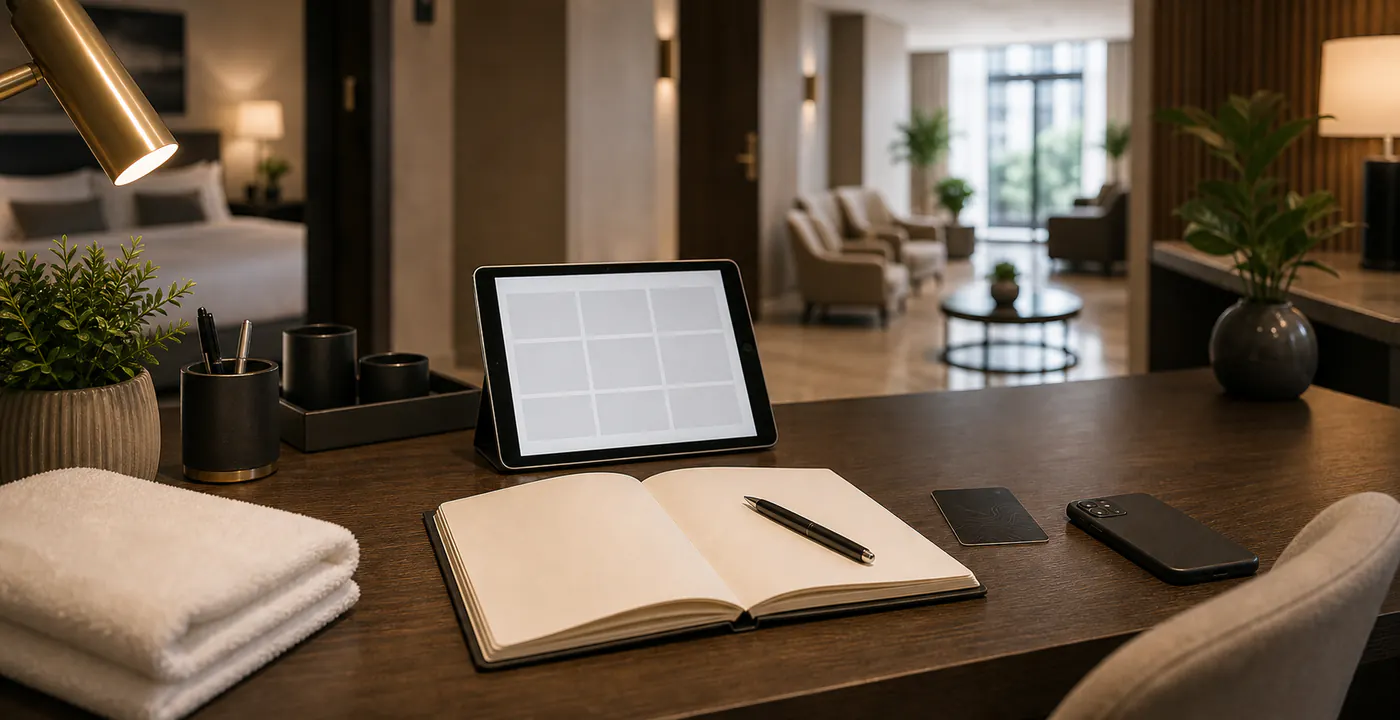 Hotelreinigung Köln anfragen Objektanfrage für Hotelreinigung Köln mit Notebook, Tablet und Keycard
