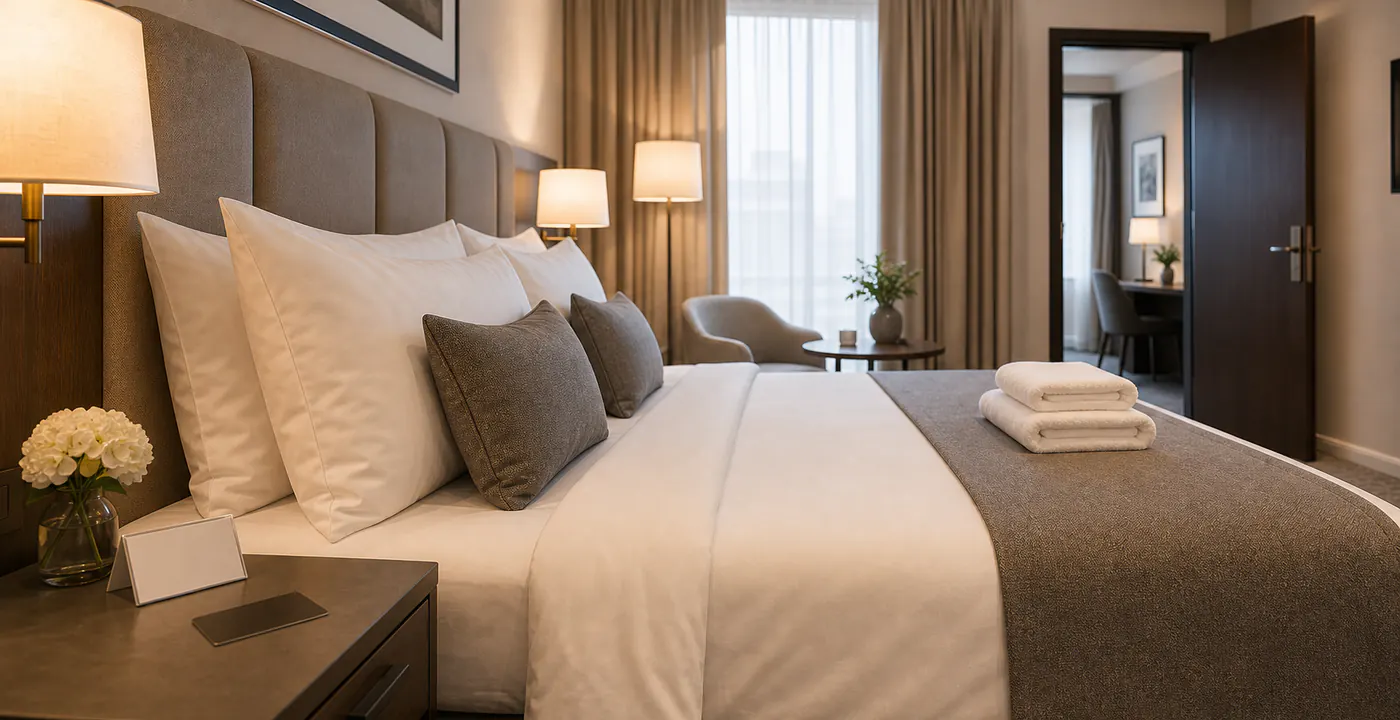 Sauber vorbereitetes Hotelbett als CTA für Housekeeping und Zimmerreinigung