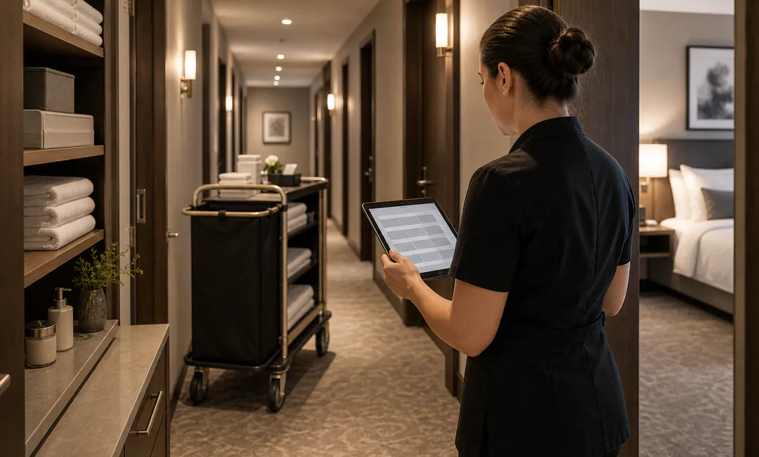 Supervisor Service für Hotels Supervisorin kontrolliert Zimmerstatus mit Tablet im Housekeeping-Korridor