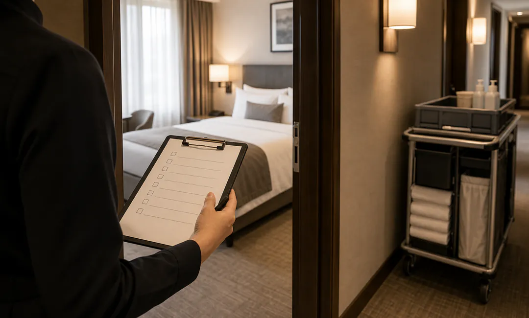 Supervisor Floor-Checks im Hotel Supervisor Floor-Check mit Tablet im Hotelflur vor Zimmerfreigabe