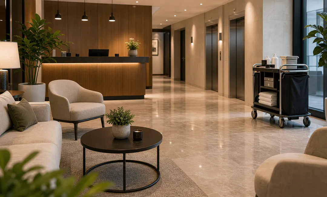 Public Area Support für Hotels Hotellobby mit Public-Area-Support und organisiertem Servicewagen