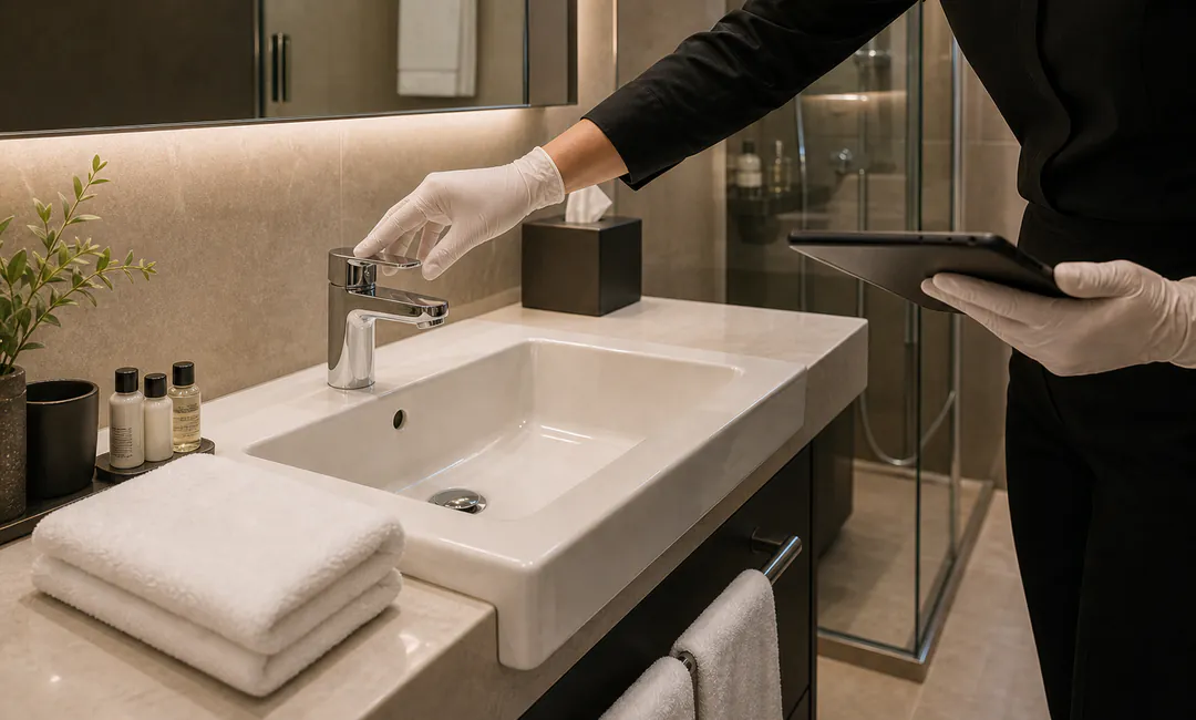 Hotel Qualitätskontrolle Köln Qualitätskontrolle im Hotelbad mit Armaturencheck und frischen Handtüchern