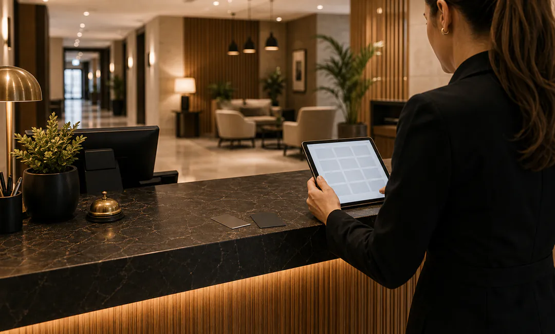 Rezeption Support Köln Rezeptionssupport mit Tablet und Gästebereich im Hotel