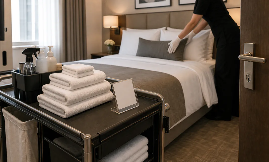 Wochenend-Support im Housekeeping mit vorbereitetem Hotelzimmer und Servicewagen